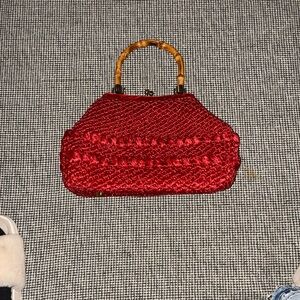 Gaymode Elegant Red Woven Handbag with Bamboo Handle